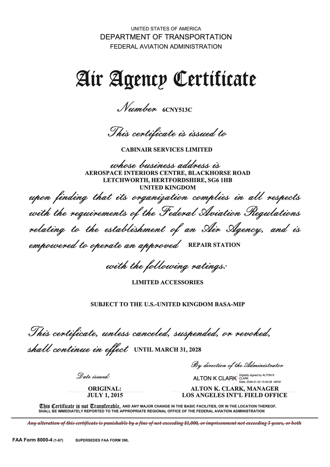 FAA FAR PART 145 Cabinair Services